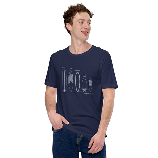 Surfboard Quiver Pleasure Point, CA (white art) - Unisex 100% Cotton T-shirt - 18 colors
