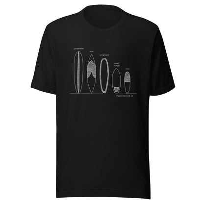 Surfboard Quiver Pleasure Point, CA (white art) - Unisex 100% Cotton T-shirt - 18 colors