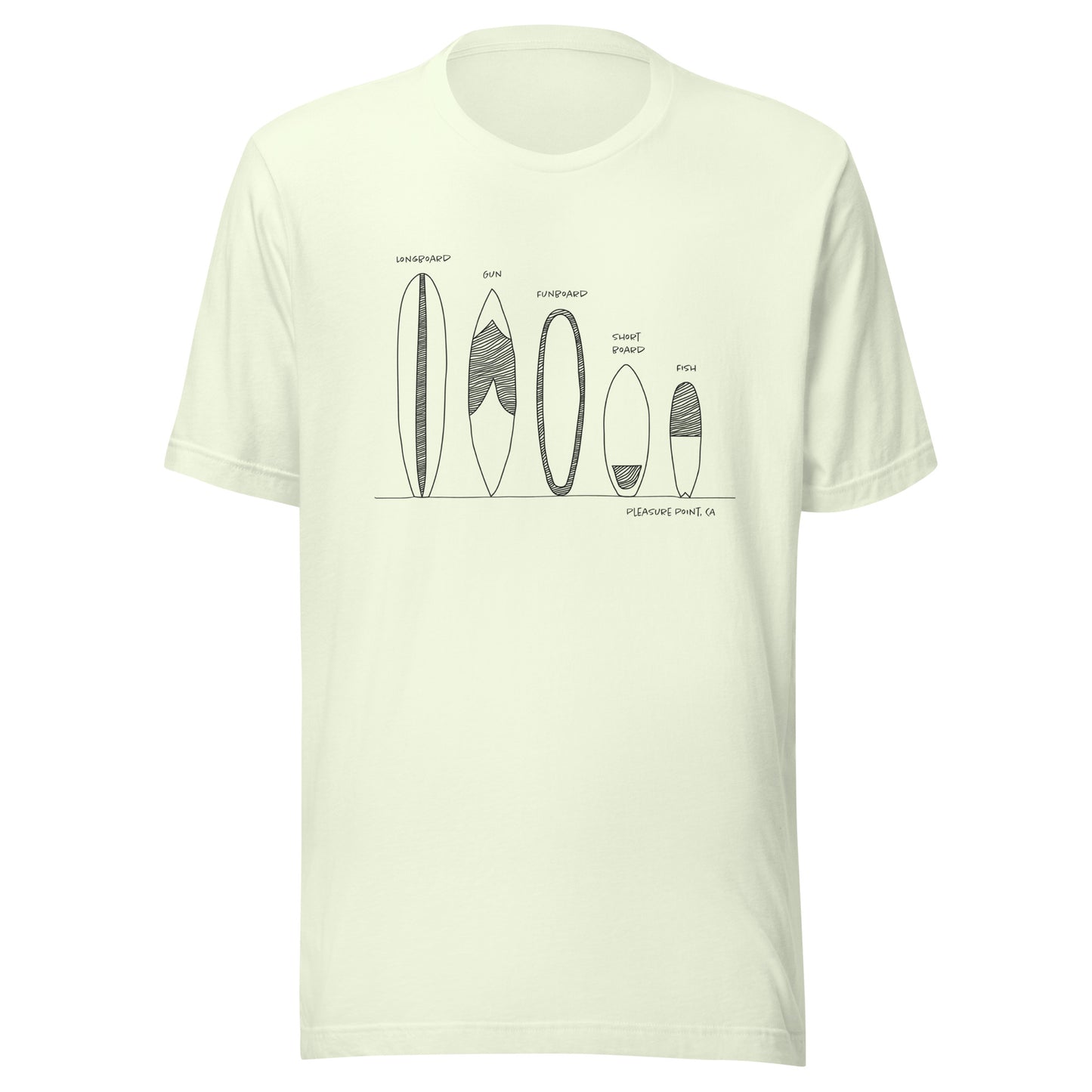 Surfboard Quiver Pleasure Point, CA (black art) - Unisex 100% Cotton T-shirt - 14 colors