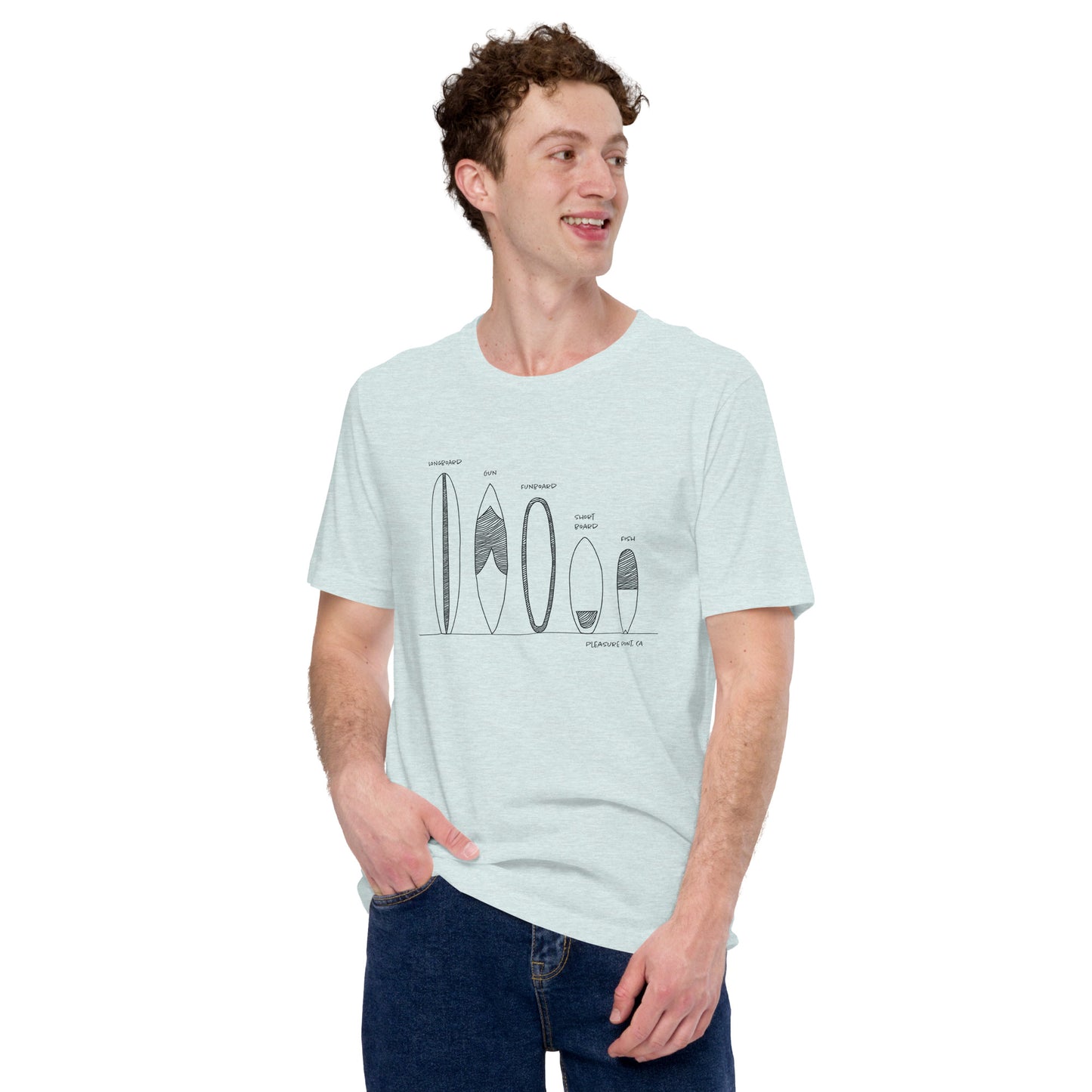 Surfboard Quiver Pleasure Point, CA (black art) - Unisex 100% Cotton T-shirt - 14 colors