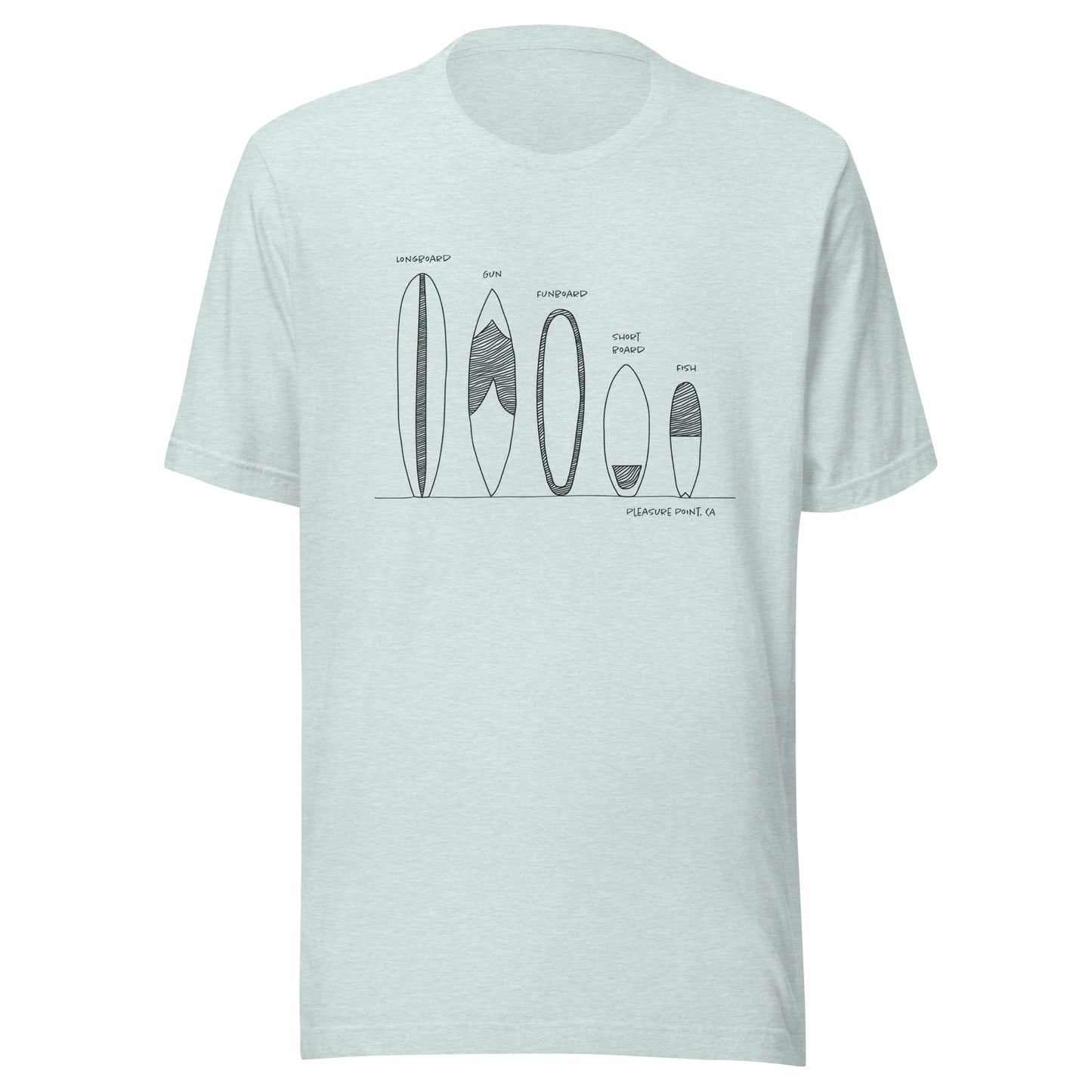 Surfboard Quiver Pleasure Point, CA (black art) - Unisex 100% Cotton T-shirt - 14 colors