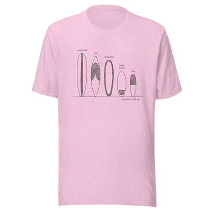 Surfboard Quiver Pleasure Point, CA (black art) - Unisex 100% Cotton T-shirt - 14 colors