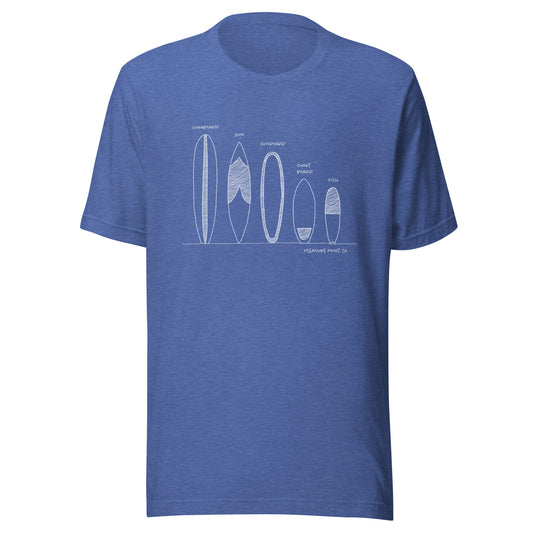 Surfboard Quiver Pleasure Point, CA (white art) - Unisex 100% Cotton T-shirt - 18 colors