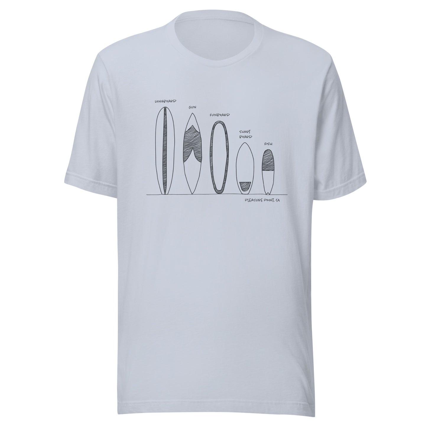 Surfboard Quiver Pleasure Point, CA (black art) - Unisex 100% Cotton T-shirt - 14 colors