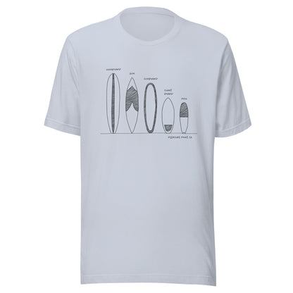 Surfboard Quiver Pleasure Point, CA (black art) - Unisex 100% Cotton T-shirt - 14 colors