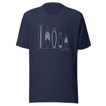 Surfboard Quiver Pleasure Point, CA (white art) - Unisex 100% Cotton T-shirt - 18 colors
