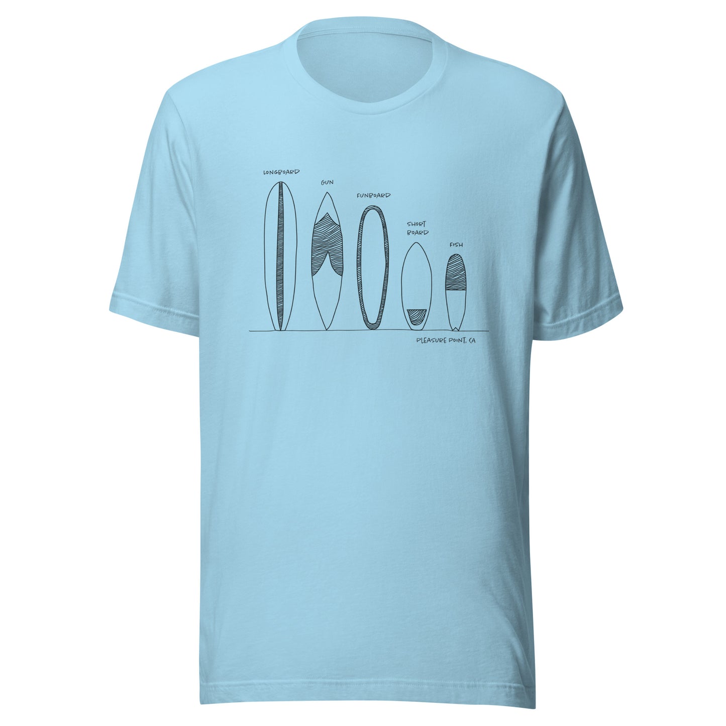 Surfboard Quiver Pleasure Point, CA (black art) - Unisex 100% Cotton T-shirt - 14 colors