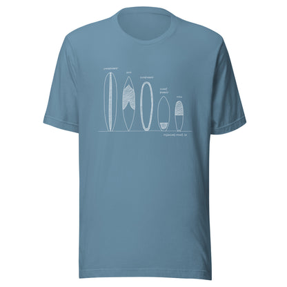 Surfboard Quiver Pleasure Point, CA (white art) - Unisex 100% Cotton T-shirt - 18 colors
