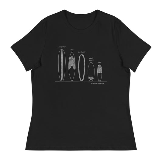 Surfboard Quiver Pleasure Point, CA (white art) - Women's Relaxed Fit T-shirt - 10 colors