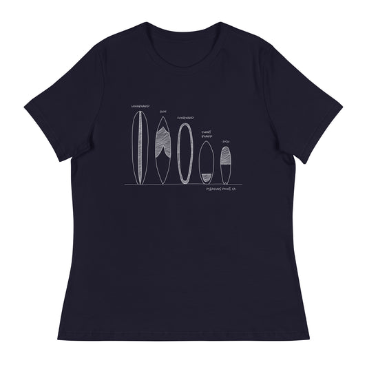 Surfboard Quiver Pleasure Point, CA (white art) - Women's Relaxed Fit T-shirt - 10 colors